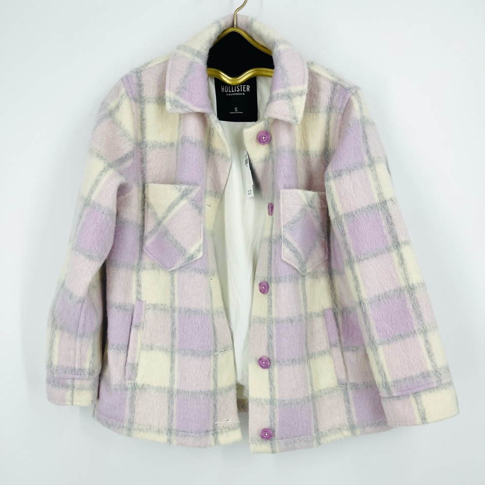 ✨NWT Hollister ASOS Lavender Cream Plaid Shacket Coat Shaggy Relaxed Streetwear - Picture 2 of 14